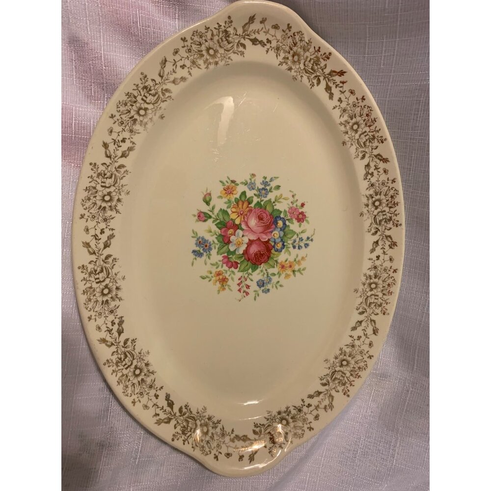 Vintage Taylor Smith Taylor Oval Serving Platter Floral Center Gold Trim 14.5" M